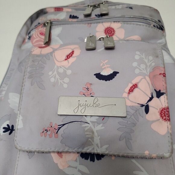 JuJuBe Be Right Back Multi-Function Diaper Backpack Floral Gray Multi Zip Pocket - Picture 2 of 16